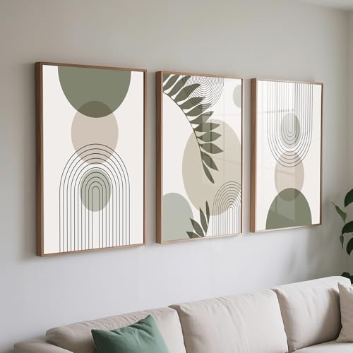 PWAAHDC Moderne Bilder Wohnzimmer Poster Set A4 Hochformat - Boho Abstrakte Grüne Pflanzen Leinwand Bilder 3er Set - Wandbilder für Schlafzimmer Ohne Rahmen