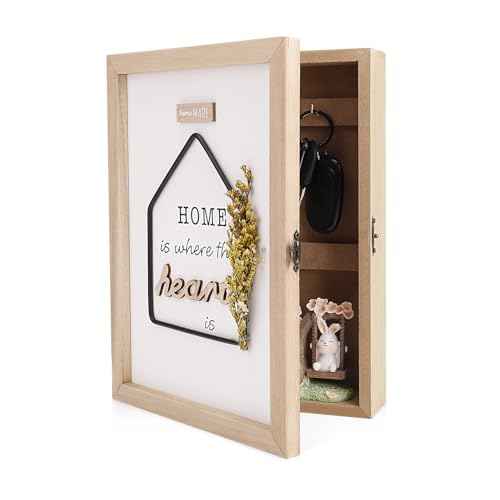 Lvefyti Schlüsselkasten Holz Schlüsselbox mit 6 Schlüsselhaken, Dekorativer Schlüsselschrank Wand Schlüsselablage Trockenblumen,Schlüsselbox mit Metallverschluss Wandorganizer