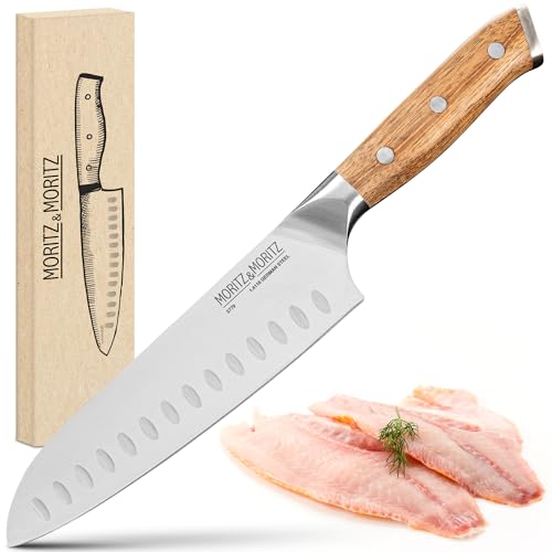 Moritz & Moritz Santoku Messer 18 cm - Japanisches Profi Kochmesser mit extra scharfer Klinge - Küchenmesser für Fleisch, Sushi etc. - Ergonomischer Akazienholz-Griff - Deutscher Messerstahl