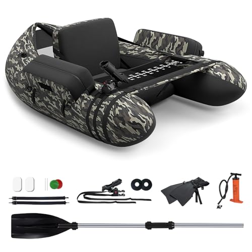 GYMAX Aufblasbares Angelboot, tragbares Belly Boat inkl. Pumpe, Paddel & verstellbaren Schultergurten, Fischerboot mit Fischlineal, Schlauchboot bis 150 kg belastbar (Tarnung)