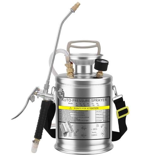 Drucksprüher 4L Edelstahl Sprühgerät, Handpumpensprühgerät mit Manometer, Verstellbarer Düse,Garten-Sprühgerät für Rasen, Gartenarbeit und Desinfektion