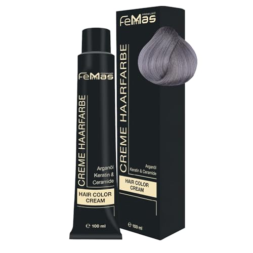 FemMas Haarfarbe Metallic Grau I Professionelle Creme Haarfarbe mit Arganöl, Keratin & Ceramiden I Als dauerhafte Haarfärbung oder Tönung für strahlende, haltbare Farbergebnisse I 100 ml