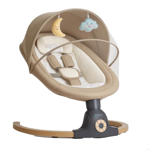 BEBE2LUXE AVA – Elektrische Babyschaukel/Babywippe, 5 Schaukelgeschwindigkeiten, Bluetooth, Musik, Timer, Fernbedienung, 5‑Punkt‑Gurt, bis 9 kg – Beige