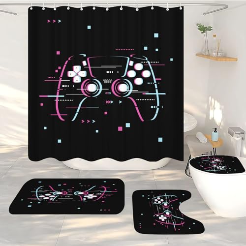 FABTOP Gaming Controller Duschvorhang, Gaming-Duschvorhang-Set Gaming Duschvorhang 180x200 Gamer GamingTextil Duschvorhänge Badezimmerteppich 4-teiliges Set (7,180 x 200 cm)