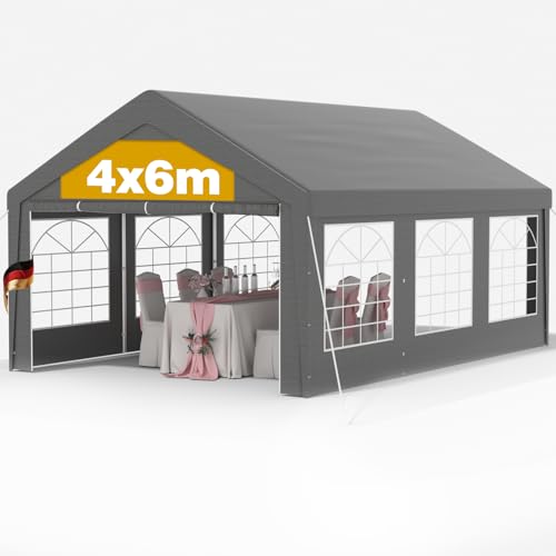 Pavillon 4x6m Winterfest – Wasserdichtes & stabiles Gartenzelt mit Fenstern, schweres Partyzelt für Hochzeit, Feier, Hausparty – Winddichtes Festzelt für den Winter, grau