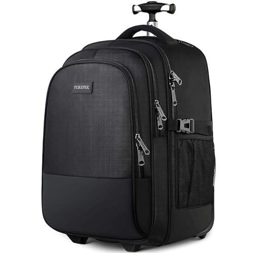 YOREPEK Reiserucksack mit Rädern, Großer 17 Zoll (43,2 cm) Business Laptop Rucksack Trolley für Herren Damen, Wasserdicht Rolling Rucksack mit Rollen Kabinentasche Koffer Easyjet, Schwarz