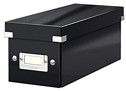 Leitz Click & Store schmale Aufbewahrungsbox, CD Aufbewahrung, Ideal als Geschenkbox mit Deckel, Stapelbox mit Druckknöpfen aus hochwertiger Hartpappe mit laminierter Oberfläche, Schwarz, 60410095