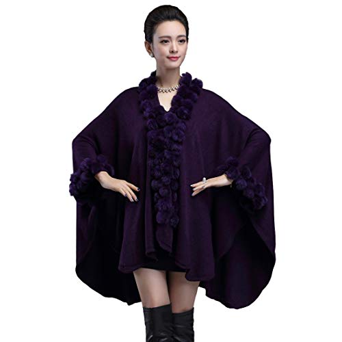 Cool&D Damen Poncho Cape Winter Umhang Strickjacken mit Kunstfell Kragen Kunstpelz Stolen