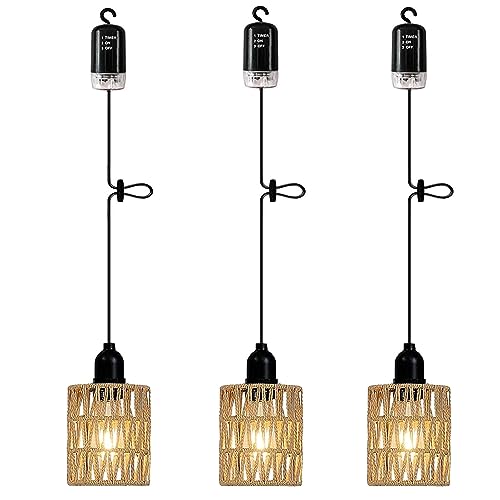 3x Boho Rattan Lampe Vintage Hängelampe mit Batterie Akku Glühbirne Hängeleuchte Deckenlampe ohne Strom Stromanschluss Außenbeleuchtung Außen Laternen Lampions Wetterfest für Garten Balkon Pavillon