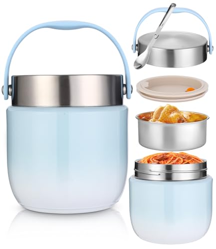 Thermobehälter für Essen 1200ml, Thermoschüssel mit Deckel, Warmhaltebehälter aus Edelstahl mit Faltbaren Löffel, Lunchbox Thermo Kinder Erwachsene für die Aufbewahrung von Brei, Suppen, Eiscreme,Blau
