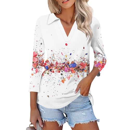 Lastminite Angebote,Damen Pullover Baumwolle Basic Shirt Damen Shirt Damen 3/4 Arm Elegante Damen Bluse Mit V-Ausschnitt,3/4-Ärmel, Florales Design,Lässig,Für Frühling Und Sommer (Weiß,XXL)