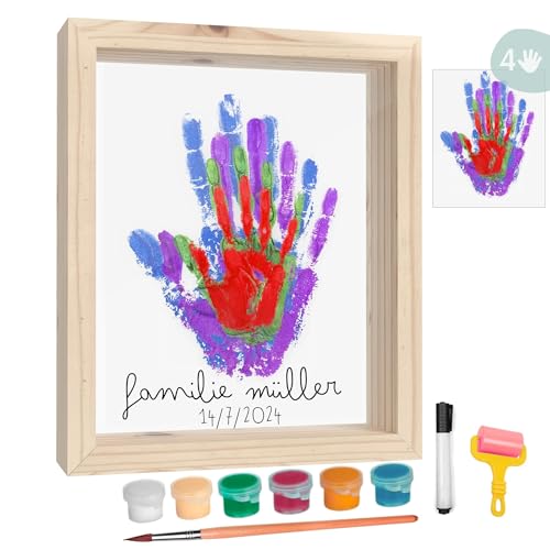 HuBorns - Fußabdruck Set Baby und Handabdruck Familie mit Platz für 4, Bild zum Malen des Handabdruck Baby, Newborn Baby Set, Dekoration für Baby- & Kleinkinderzimmer (Holz)