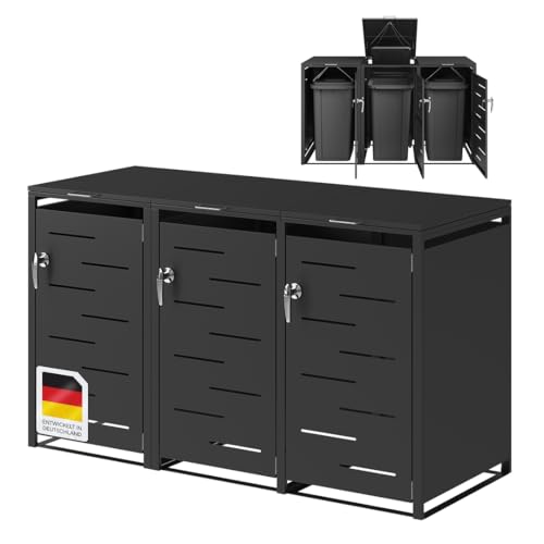 STEELSØN Mülltonnenbox 3er Diorus – Mülltonnenverkleidung aus Stahl für 3 Tonnen – Müllcontainer jeweils 120 Liter mit Sichtstreifen in graphitschwarz – Müllbox 102 x 62 x 177,5 cm (BxTxH)
