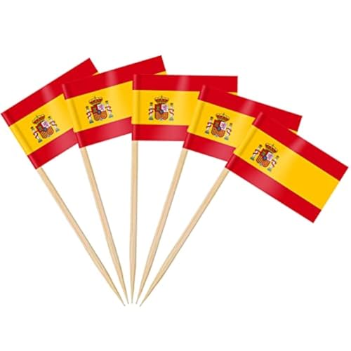 AhfuLife 200 Stück Spanien Zahnstocher Flaggen, Spanische Deko Fahne Klein Mini Zahnstocher für EM Euro Eurovision WM Olympische Cupcake Topper Toothpick Cocktail Partydeko Restaurant Pub Deko