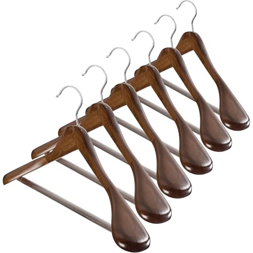 Premium Holzbügel-Set 6er – Extrabreite Schultern & 360°-Drehhaken | Mit Hosensteg für Mäntel, Jacken & Kleider | Glatte Oberfläche (Naturholz)