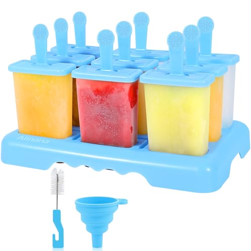 Alinana Eisformen Eis am Stiel, 9 Eisformen Wiederverwendbar, Individuelles Abtauen Eis am Stiel Formen, BPA Frei Eisformen- Kommt mit Einer Reinigungsbürste und Silikon Falttrichter