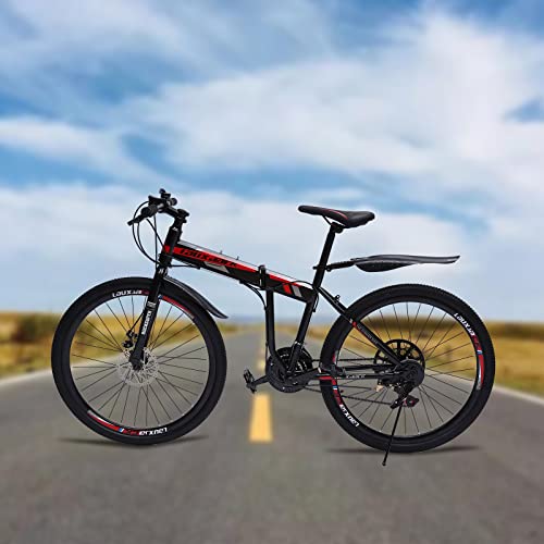 26" 21 Gang Mountainbike Fahrrad Unisex Scheibenbremsen Klapprad Scheibenbremse Bicycle Kohlenstoffstahl Faltbar Faltrad FahrräDer Klappfahrrad Bike Leichtgewicht Mit Federgabe MTB Schwarz+Rot