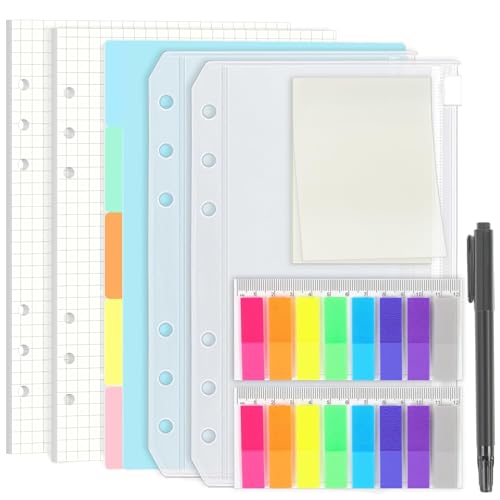 SKYDUE A5 Ringbuch Nachfüllbar Set - Kariert, Polypropylen, 90 Blätter (180 Seiten), 5 Trennblätter, Bunte Haftnotizen, 2 Umschläge, Zeitgenössisch