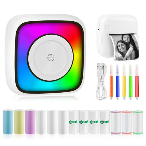 GuKKK Mini Drucker, Mobiler Fotodrucker, Tragbarer Mini Fotodrucker, Wireless Fotodrucker Thermodrucker, mit 13 Rollen Druckerpapie und 5 Buntstifte, Smartphone Bluetooth Drucker, für Liste, Journal