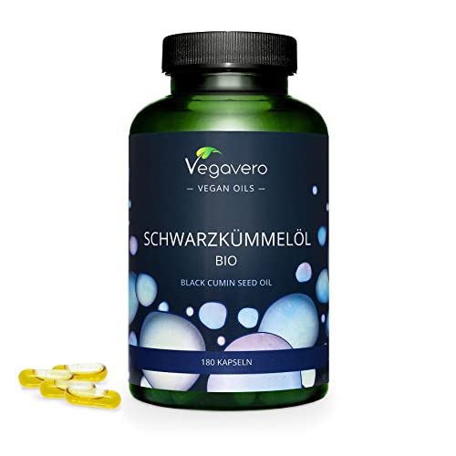 BIO Schwarzkümmelöl Kapseln | Keine Gelatine | 1000 mg ägyptisches Schwarzkümmelöl BIO | 500 mg Linolsäure + 10 mg Thymoquinon | Deutsche Produktion von Vegavero® | Nigella sativa | 180 Kapseln