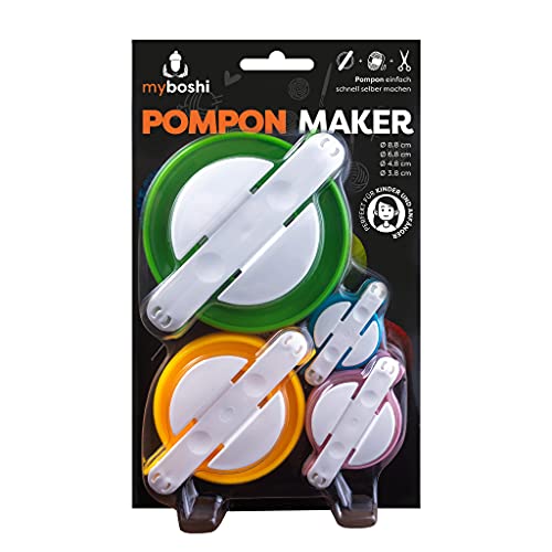 myboshi Pompon Maker inkl. gratis Anleitung, zur Herstellung selbstgemachter Bommeln, in 4 verschiedenen Größen: 3,8cm; 4,8cm; 6,8cm; 8,8cm, langlebigem Kunststoff Bunt 1 Pompon Maker