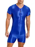 TiaoBug Herren ÖL Glanz Body Ärmellos/Kurzarm Bodysuit mit Bein Einteiler Kompression Unterwäsche Sport Trikot Leotard Blau E XL