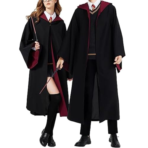 Forfamy Zauberer Kostüm für Erwachsene, Cosplay Kostüm mit Umhang Outfit Set mit Krawatte Brille Halloween Kostüme Zauberer Kostüm für Karneval, Halloween Party (Rot, 170-185cm)