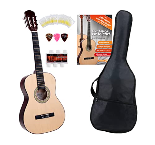 Classic Cantabile Acoustic Series AS-851-L Klassikgitarre 3/4 für Linkshänder Starter-SET (Konzertgitarre, Bag/Tasche, Schule, CD, DVD, Plektren, Saiten, Stimmpfeife) natur