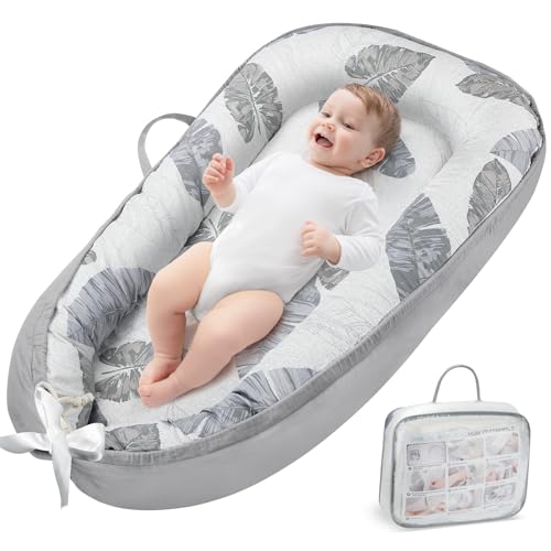 URMYWO Babynestchen Neugeborene - Nestchen Baby 90x55 cm - Kokon Handmade zweiseitig Reisebett für Babys aus 100% Baumwolle - Baby Nest (Feder Grau)