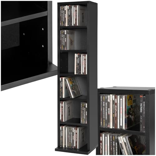 tectake® CD Regal, CD Ständer für bis zu 102 CDs, Aufbewahrung für CD Hüllen, DVD Regal, Holzregal Wand, Wohnzimmerschrank, Büroschrank, offenes Regal zur CD Aufbewahrung, Stauraumregal - schwarz