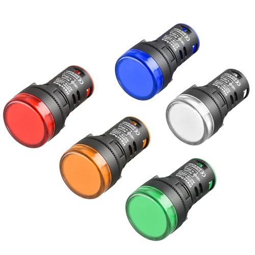 Heschen AD16-22D/S26 LED-Kontrollleuchten in rot, grün, gelb, blau und weiß, 22 mm Durchmesser, 220-V-Wechselstrom, 20 mA, 5 Stück