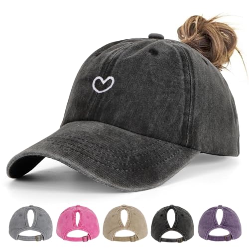 HeyCaps Pferdeschwanz Baseball Cap Damen Verstellbare Baseballkappe Vintage Mützen Sonnenschutz Basecap Mit Zopf Loch für Sommer Sport