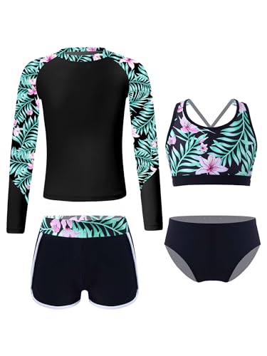 Fldy Mädchen Rash Guard Badeanzug 4er Set Langarm UV Shirt Oberteil Tankini Hose Und Schwimmslip Kinder UPF 50+ Schwimmbekleidung Strandmode Schwarz 170-176