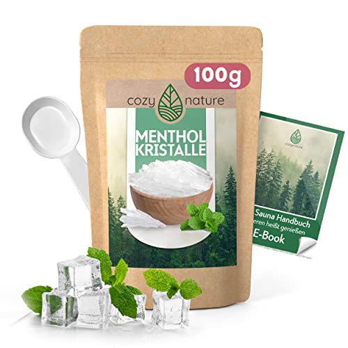 CozyNature® Mentholkristalle | Premium Qualität made in Germany | Sauna Zubehör | Saunaaufguss | 100g Menthol Kristalle | 100% naturreines Minzöl | inkl. Gratis Sauna E-Book