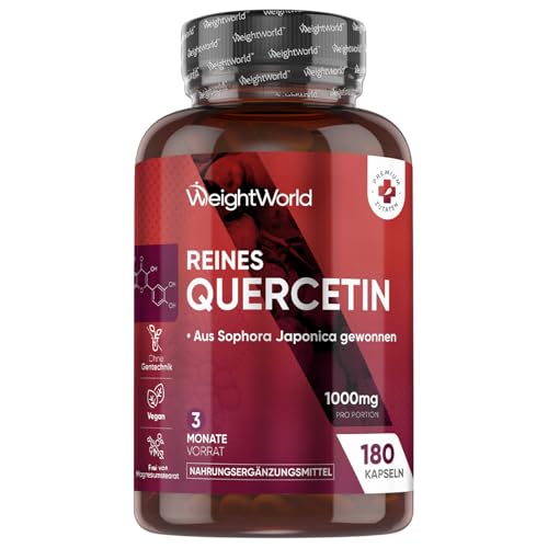 Reines Quercetin 1000mg pro Portion - 180 vegane Kapseln - 3 Monate Vorrat - Aus der Saphora Japonica - Frei von Magnesiumstearat, Glutenfrei & Gemäß GMP - WeightWorld