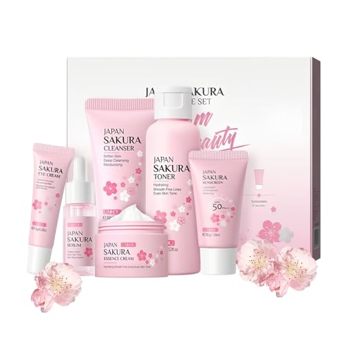 Kirschblüten Hautpflege-Set Sanfte Hautreinigung & Pflege Mädchen und Frauen Geschenkset inklusive Cleanser Serum Toner Augencreme Gesichtscreme Sonnenschutz (6PCS)