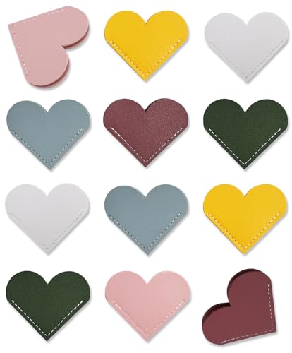 12 PCS Leder Herz Lesezeichen, Ecke Buch Markierungen, ästhetisches Buch Lesezubehör für Lehrer Frauen Buch Liebhaber Geschenke, Nette Seite Clips, Schule Home Office Zubehör (12PCS Helle Farben)