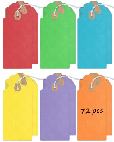 Uniclife 72 Stück leere Versandetiketten mit elastischer Schnur befestigt Karton Papier Hang Tags mit verstärkter Öse große Kennzeichnung Tags Preis Tags Inventar Label Tags, Regenbogenfarben