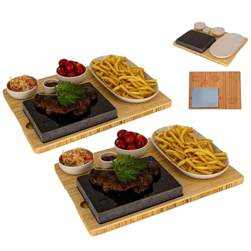CAWI Lavastein Steakbrett 2 Sets, Servierplatte, Bambusbrett mit Hot Stone Grill, Steak Grillplatte, Steinplatte, Tischgrill Grill Set