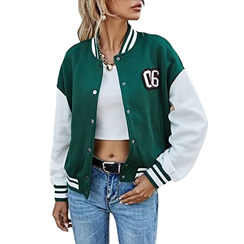 Geagodelia Damen College Jacke Sweatjacke Baseball Jacke Vintage Kurze Übergangsjacke Sweatshirt mit Knopf Y2K Fashion Top Frühling Herbst (Grün, S)