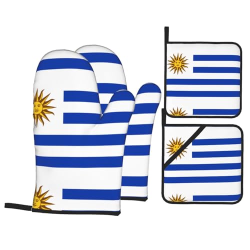 WZYWHJ Ofenhandschuhe und Topflappen, Set mit 4 Ofenhandschuhen, Topflappen und Ofenhandschuhen für Küche, Backen, Kochen, Grillen, Flagge von Uruguay Prints