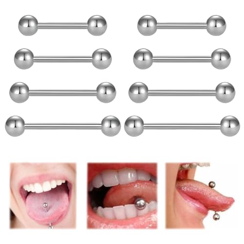 NHPY 8 Stück Zungenpiercing Chirurgenstahl, Zungenpiercing Kugeln, Tongue Piercing, 14G Chirurgenstahl Piercing Zunge Tongue 12/14/16/18mm Stab