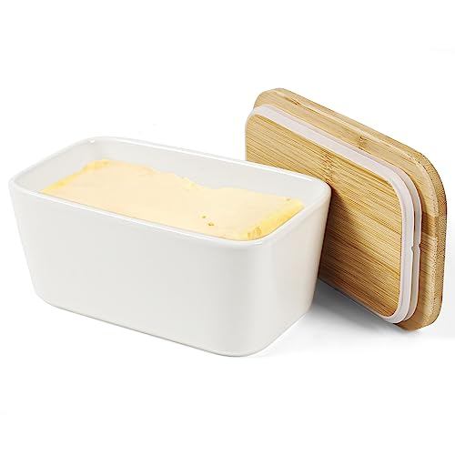 OUYANKA Butterdose Keramik Butterdose mit Holzdeckel 250g Butter Aufbewahrung Butterdose Porzellan Butterschale Multi-Funktion Butterbox für Küche und Haushalt (Weiß)