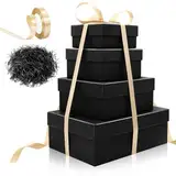 4 Pack Quadratischer Nesting-Geschenkboxen mit Deckeln, Karton-Präsentboxen zum Stapeln mit Schleife, Raffia für Geburtstagsparty, Hochzeit, Mathertag in den Größen klein, mittel groß Schwarz Schwarz