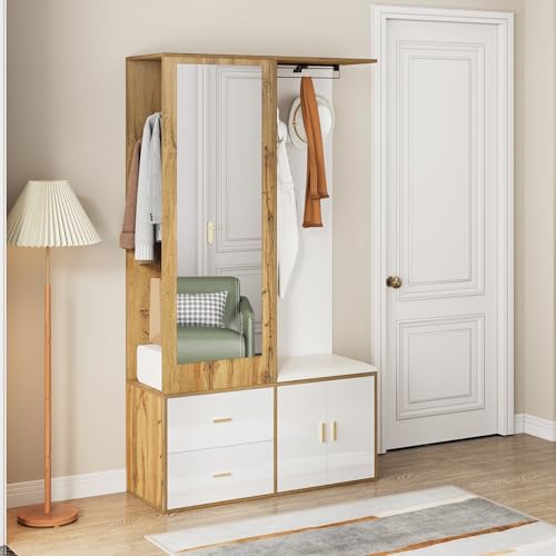 Idemon Edles Garderobenset in Weiß- und Holzfarben mit Spiegel, Schuhschrank, Schuhbank mit Haken und ausziehbarer Kleiderstange