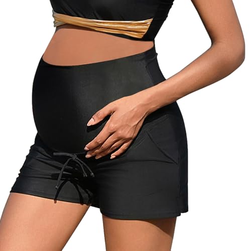 Bhome Umstands-Badeshorts mit hoher Taille und Taschen und Seitenschlitzen, Schwarz, Medium