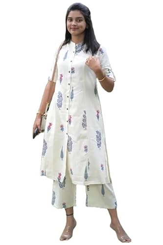 Sambhav Quilt Hub Damen Baumwolle Handblock gedruckt Bürokleidung A-Linie Kurta mit Hose, Cream, Medium