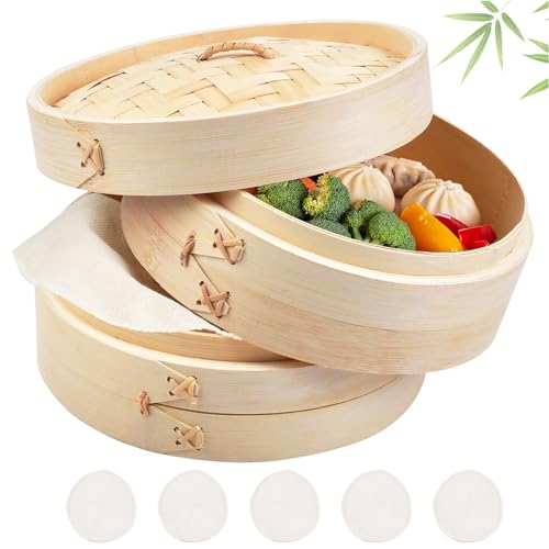 Steamer Bamboo 20 cm 2 Tier Bamboo Steamer for Rice, Dim Sum, Vegetables, Fish and Meat - Dumpling Maker with 5 Cotton Cloths