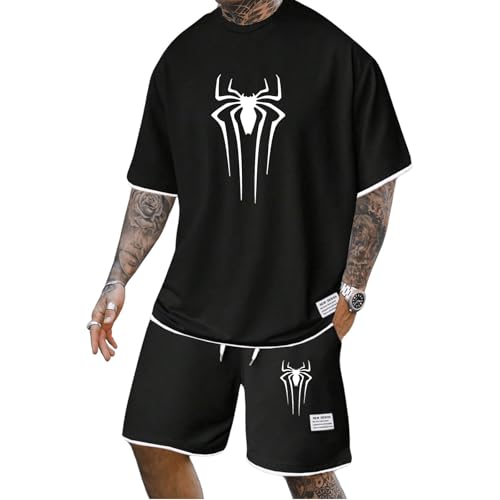 Mfhmom 2 Teiler Herren Spider Print Trainingsanzug Sommer Outfit Sportanzug T shirt und Kurze Hose Casual Zweiteiliges Set Urlaub Strand Sommeranzug Alltag Jogginganzug Set Baggy Freizeitanzug