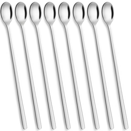AMFUN Latte Macchiato Löffel Set, 8 Stück 24 cm Langer Stiel Rührlöffel Edelstahl, Dessertlöffel, Lange Löffel für Eiskaffee Eistee Milchshake Eisbecher, Spülmaschinengeeignet
